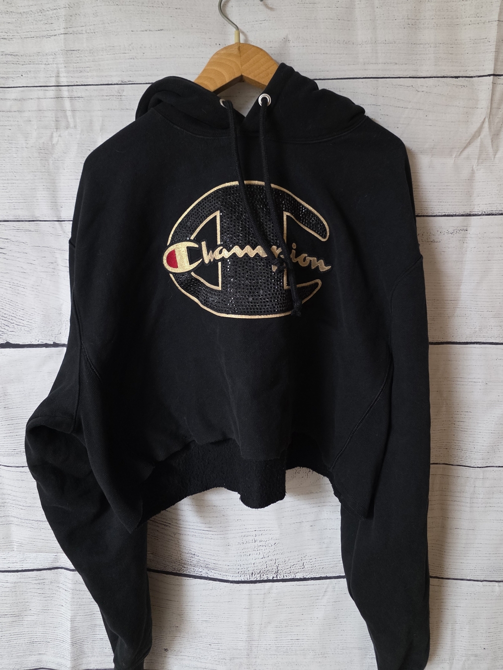 Champion Black Cropped Hoodie with Gold and Red Logo